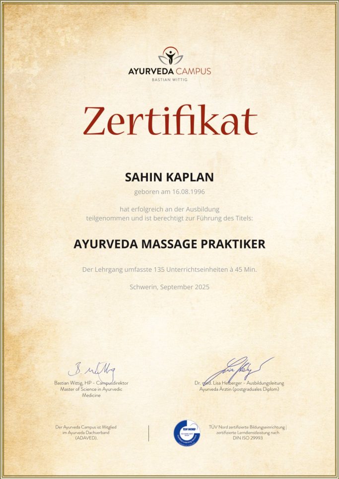 Zertifikat für Ayurveda Massage Praktiker von Sahin Kaplan