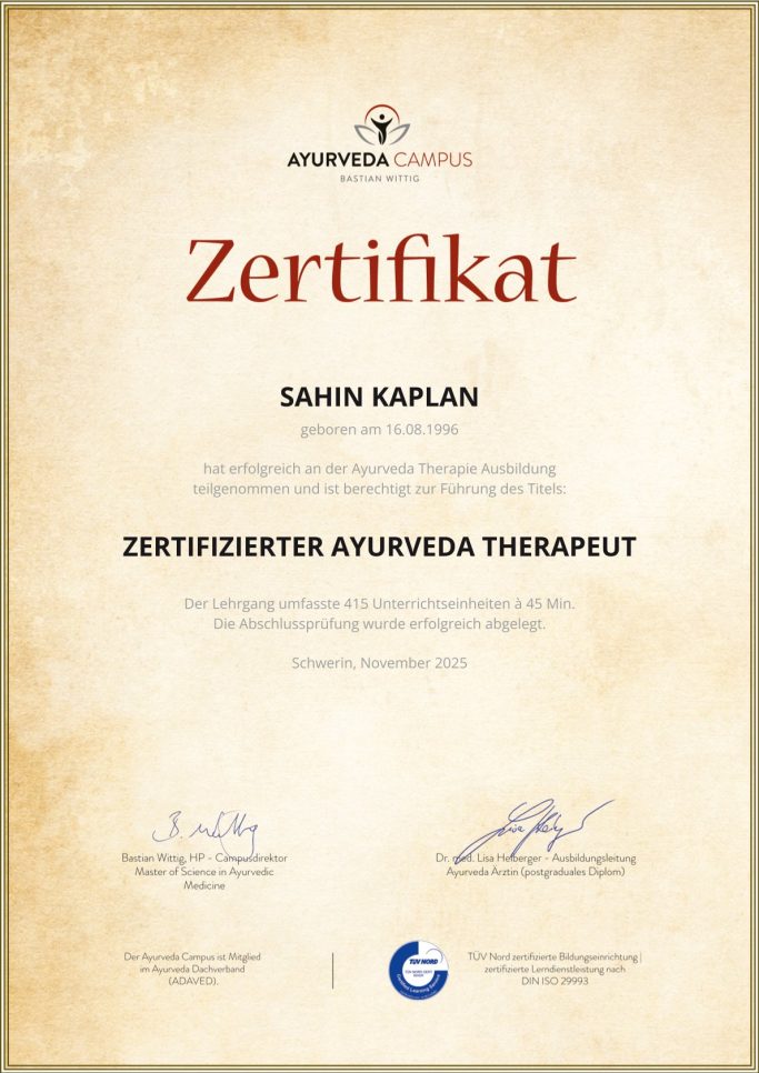 Zertifikat für Ayurveda Therapeut von Sahin Kaplan